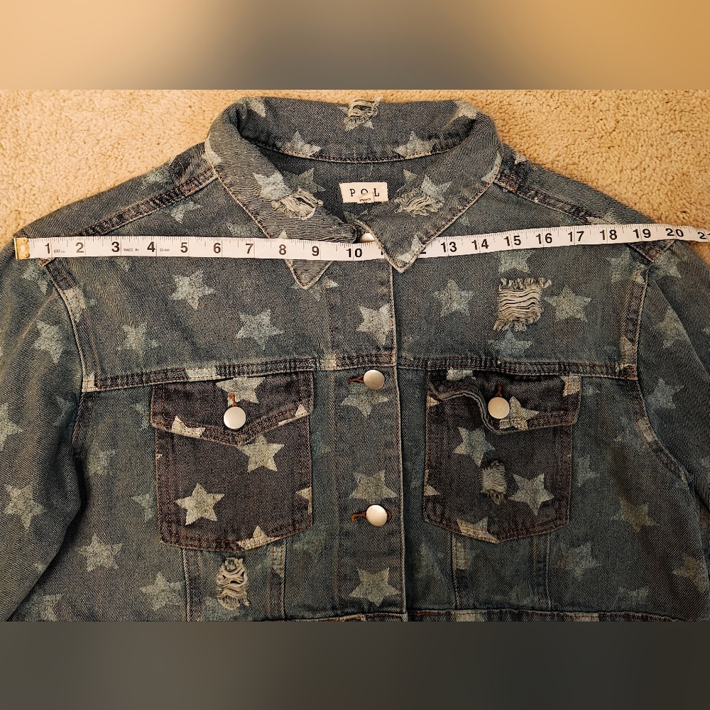 POL Stars Denim Button Distressed Crop Denim Jacket. - Picture 10 of 13